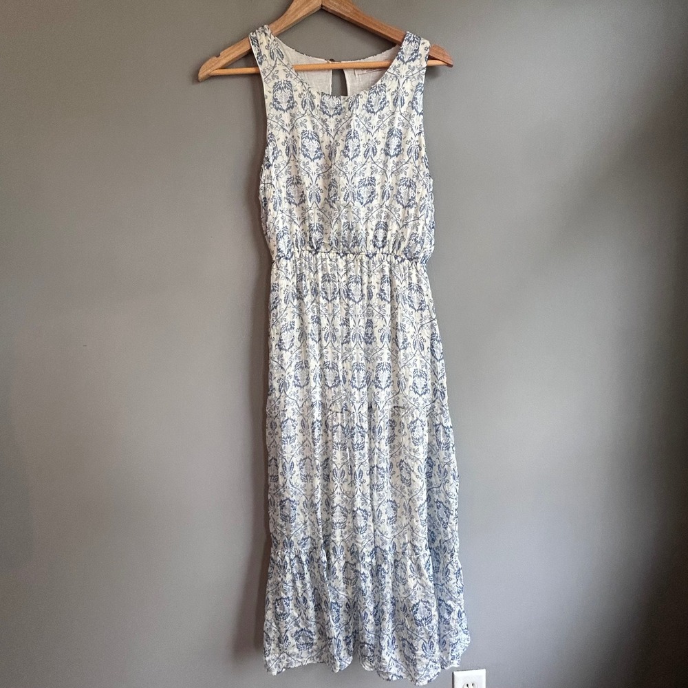 Lara Guidotti Italy Blue White Floral Silk Blend Tiered Midi Dress Small